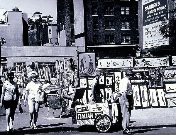 Exposition of paintings on a street in New York. An ice cream salesman is in the foreground