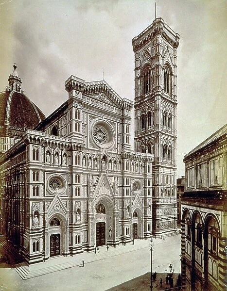 The facade of the Cathedral of Santa Maria del Fiore. On the right partial view of the Baptistry of San Giovanni
