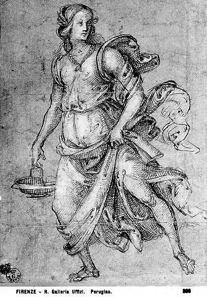 Female figure with a basket. Drawing by Pietro Perugino, in the Gabinetto dei Disegni e delle Stampe, at the Uffizi Gallery in Florence
