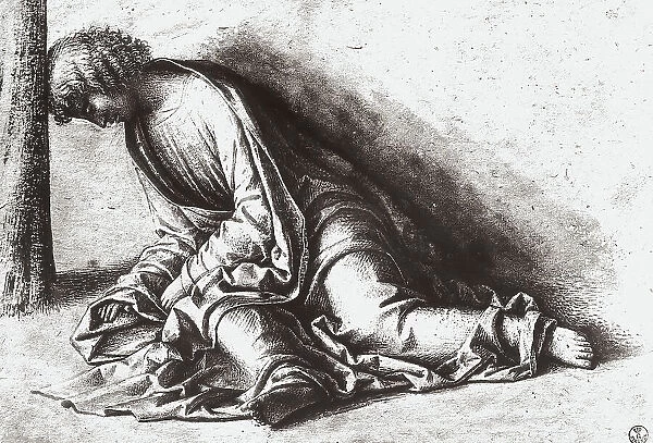 Figure of a youth on the ground wearing a drapery, next to a tree. Drawing located in the Uffizi