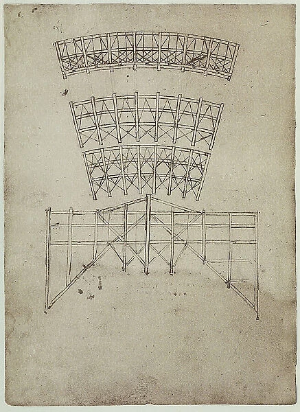 Framework of wood girders for vaults, drawing by Leonardo da Vinci, part of the Codex B (2173), c.29v, housed at the Institut de France, Paris