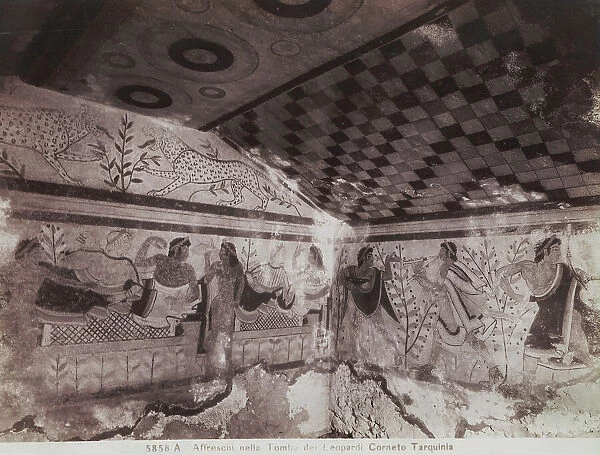 Detail of the frescoes in the Tomb of the Leopards, in the necropolis of Tarquinia
