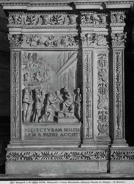 Gian Galeazzo Visconti is receiving the charge of prefect by his father; bas-relief of the Monument of Gian Galeazzo Visconti preserved in the Certosa of Pavia