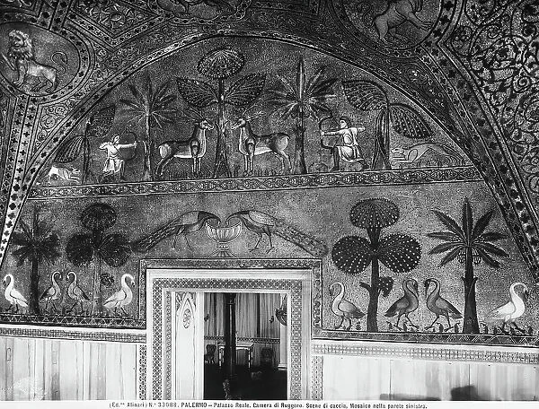 Hunting scene and a garden filled with exotic animals and plants; Norman mosaic in the Sala di Re Ruggero (King Roger's Room), in the Royal Palace (or Norman Palace) in Palermo