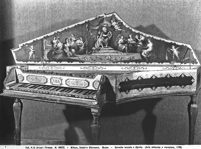 Framed Print : A lacquered and painted spinet. Cabinet-making work of Milanese and Venetian manufacture; preserved in the Museum of the Sforza Castle, Milan Framed Print : A lacquered and painted spinet. Cabinet-making work of Milanese and Venetian manufacture; preserved in the Museum of the Sforza Castle, Milan