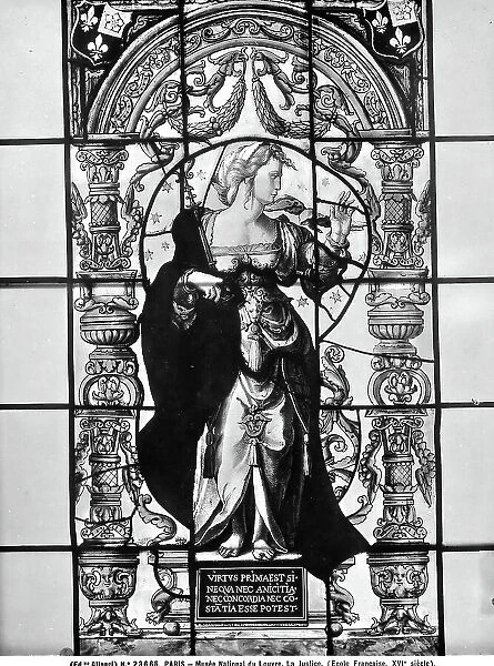 Large window depicting Justice, work of the French school, sixteenth century, located in the Louvre Museum, Paris