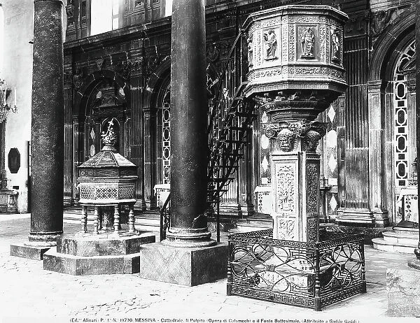 The marble pulpit, copy of a sixteenth century original, and the baptismal font, in the cathedral of Messina