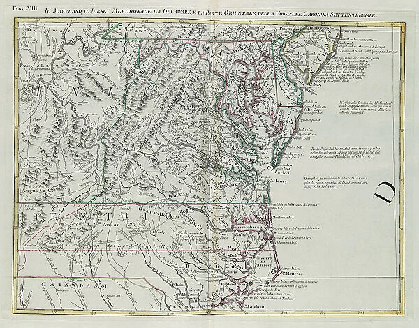Maryland, southern New Jersey, Delaware and the eastern part of Virginia and North Carolina, engraving by G. Zuliani taken from Tome I of the 'Newest Atlas' published in Venice in 1778 by Antonio Zatta, Private Collection