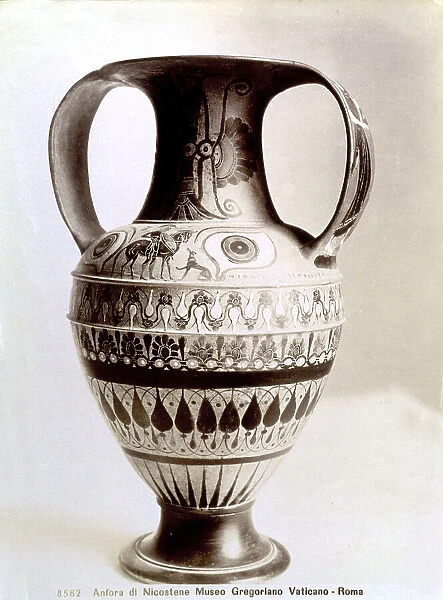 Nicostenic amphora with pictorial decoration of superposed bands of plant motifs. A figured scene is on the shoulder. Next toiIt the signature of the potter can be read. The piece is in the Vatican Museum in Rome