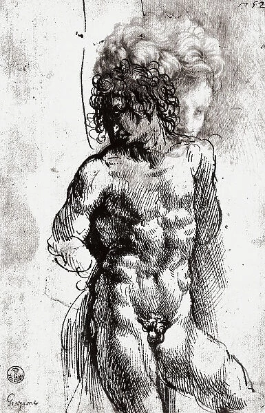 Nude man, study by Domenico Campagnola, in the Gabinetto dei Disegni e delle Stampe, Uffizi Gallery, Florence