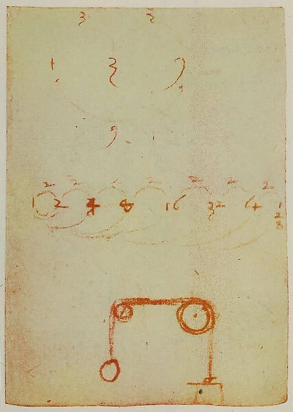 Numbers and a design for a balance, page from the Codex Forster II, c.18r, by Leonardo da Vinci, housed in the Victoria and Albert Museum, London