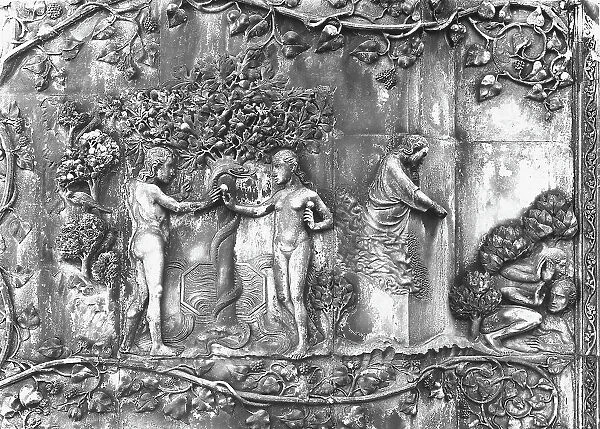 The Original Sin and the Expulsion from Paradise. Bas-relief by Lorenzo Maitani, on the first aedicular of the facade of Orvieto Cathedral, near Terni, in Umbria