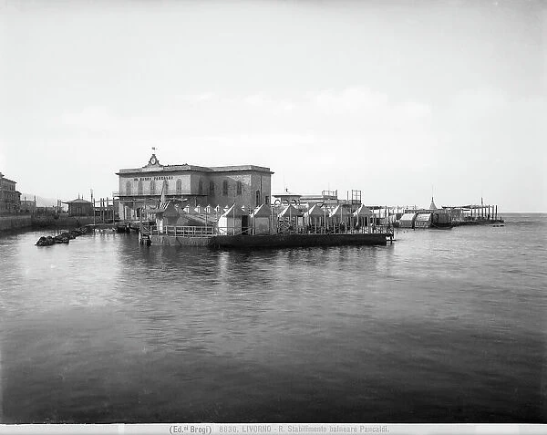 The Pancaldi public baths in Leghorn, Italy, with the bathing huts