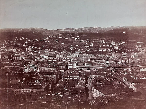 Panorama of Trieste from Castello di San Giusto on the homonymous hill. On the left the Serbian Orthodox Church of the Holy Trinity and St. Spyridon