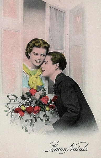 Photomontage for a greeting card depicting a smiling man and woman