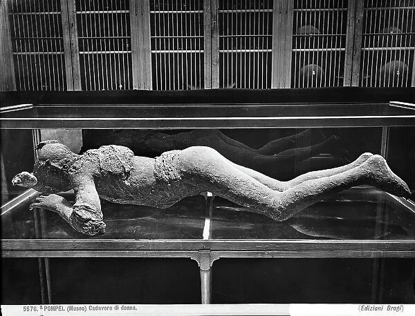 Plaster cast of a human corpse of a victim of the eruption of Mount Vesuvius, ruins of Pompeii