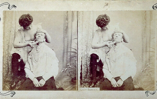 Portrait of a woman in succinct underwear, shaving a seated man
