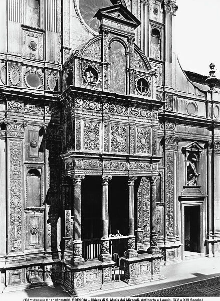 The prothyrum (porch) of the facade of the Church of Santa Maria dei Miracoli, of Brescia. Work created by Giovanni Gaspare Pedoni and Giovanni Antonio Agostinelli