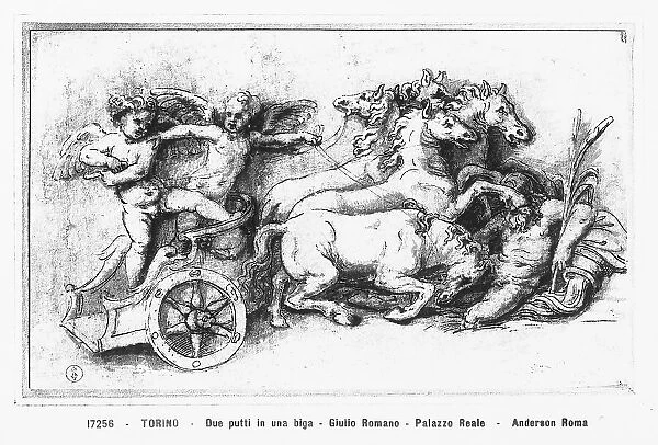 Two putti on a chariot. Drawing by Giulio Romano, preserved in the Royal Library, Turin
