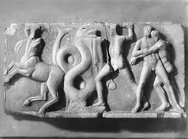 Relief frieze from the Hellenistic period, depicting the mythological scene of Hercules fighting the Hydra; in the Archaeological Museum of Eleusis, in Greece