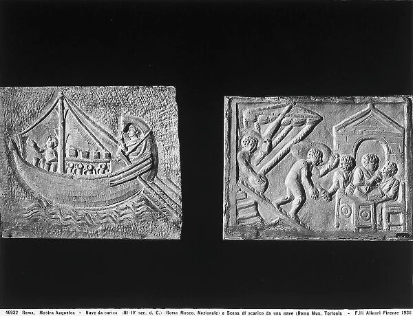 Reliefs depicting a loaded ship, preserved in the Roman National Museum, and a scene of unloading a ship, located in the Torlonia Museum of Rome. Together, the works were displayed at the Augustea Exhibit of the Roman World, held in Rome in 1937-1938