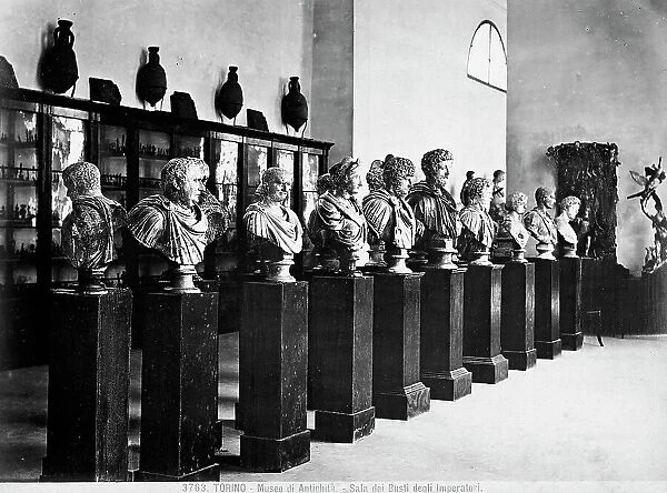 The room of the busts of the emperors in the Antiquity Museum in Turin. In the room are marble busts of Roman Age