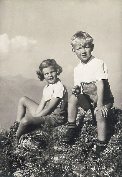 The Royal children Maria Pia and Victor Emanuel of the House of Savoy in the mountains