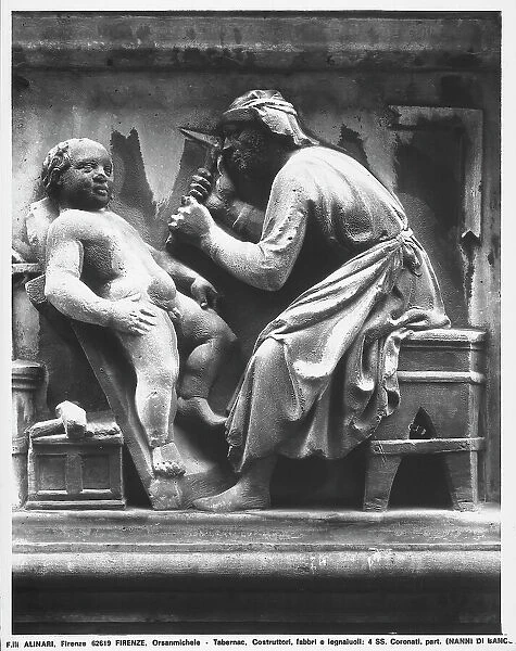 Detail of the sculptors and architects at work, bas-relief of the base of the tabernacle of the Masters of Wood and Stone, Church of Orsanmichele, Florence
