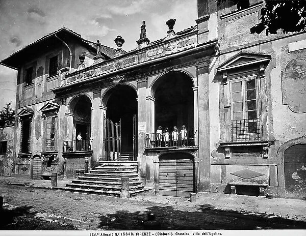 The seventeenth century villa of Ugolino in the environs of Grassina, near Florence. The stairway and eighteenth century portico with three arches separated by the pilasters are visible
