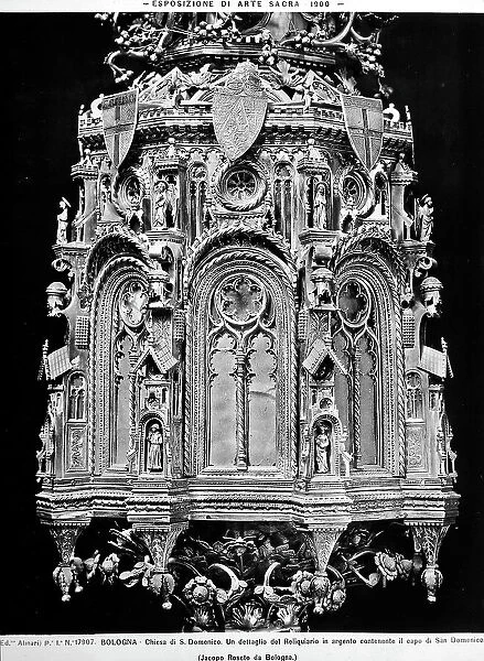 Detail of the shrine of the head of St. Dominic, work by Jacopo Roseto, preserved in the church of the same name, Bologna. The picture shows the reliquary containing the relic of the Saint. The architectural structure is decorated with vines of flowers, with figures and coat of arms