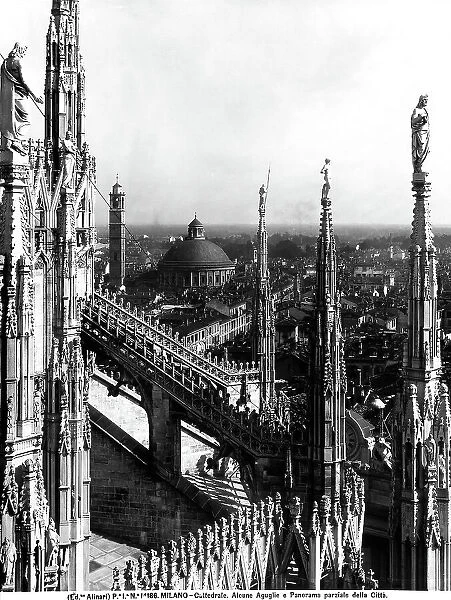 Spires of the Cathedral of Milan. In the background, a panorama of the city