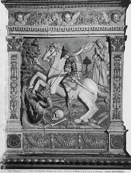 St George and the Dragon. Glazed terracotta by Andrea della Robbia in the Parish Church of Santa Maria and San Giorgio in the Parish Church of Brancoli, in the province of Lucca