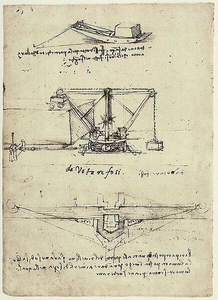 Study of a ship mortar; work of Leonardo da Vinci belonging to the Manuscript B (2173), c.49v. preserved at the Institute of France in Paris
