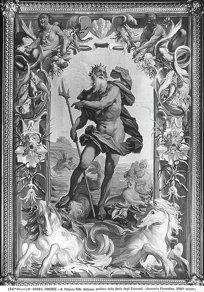 Tapestry depicting Neptune standing on two hippocampus, made in Florence, in the Royal Apartments of the Palazzo Pitti, Florence