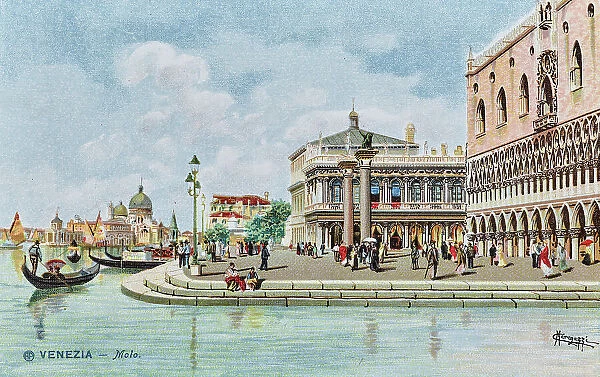 'Venezia - Molo', on the right Palazzo Ducale, drawing by Carlo Menegazzi (1856-1920), postcard, color print