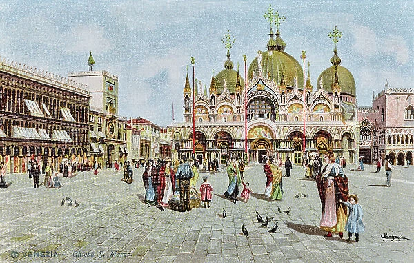 'Venice - Church of San Marco', drawing by Carlo Menegazzi (1856-1920), postcard, color print