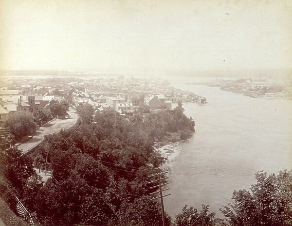 View from above of the Chaudiere river in Canada: in the foreground dense vegetation with a telephone pole sticking out at top. In the background the city of Ottawa with the river running through