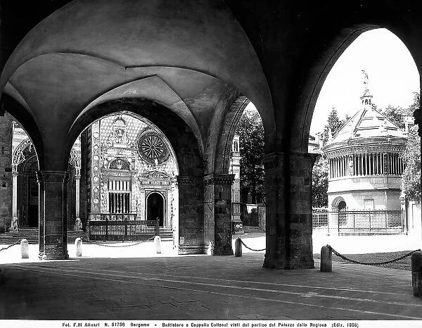 View of the Colleoni chapel and the Baptistery, from the porticos of piazza Vecchia in Bergamo