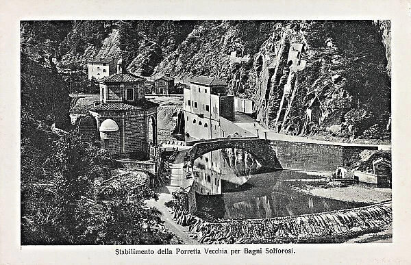 View of Porretta Vecchia with the spas; postcard