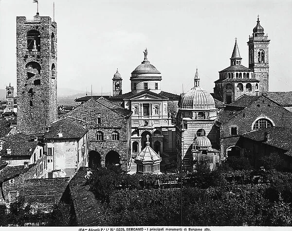 View of the principal monuments of Higher Bergamo: the Civic Tower, the Hall of Justice, the Baptistry, the Cathedral, the Colleoni Chapel and Santa Maria Maggiore