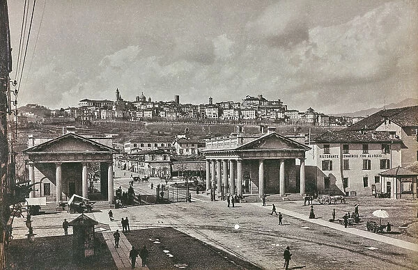View of a square of Bergamo, with two propylaea and various passer-bys. In the distance, the old town is visible