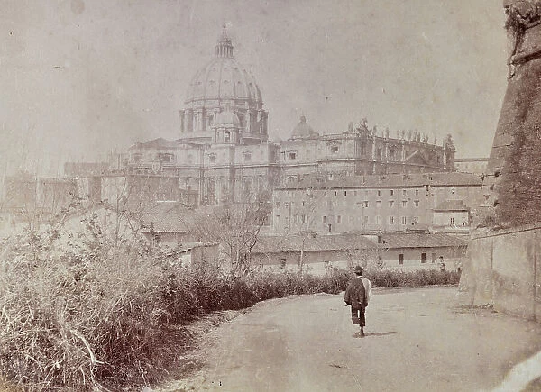View of St. Peter's Basilica from the Aurelian Walls in Via delle Fornaci to the Janiculum in Rome
