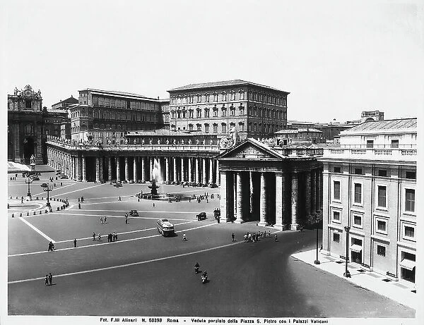 View of St. Peter's Square, in Rome, with the Bernini Portico, the Vatican Palaces and the fountain work by Carlo Maderno