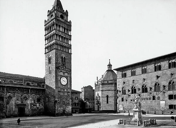 View of the the artistic and historic center in the city of Pistoia with the Cathedral flanked by its tall bell tower, the Baptistery and Palazzo Pretorio