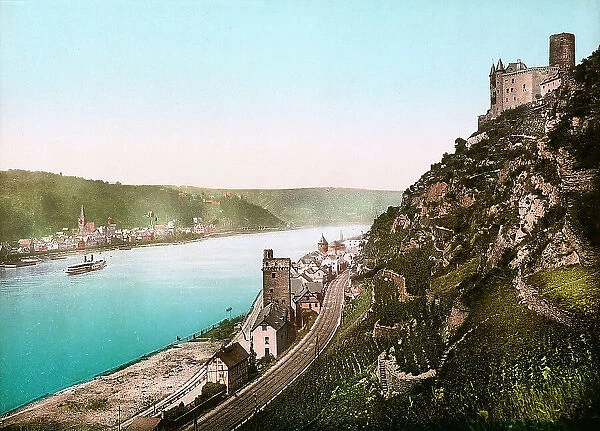 View of the twin villages of St. Goar and St. Goarshausen, placed on the river Rhine banks, Germany