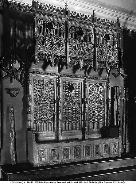 Detail of the wooden chorus seats in the abbey of Staffarda, carved and sculpted by Flemish artists, German and local masters, work located in the Civic Antique Art Museum of Turin