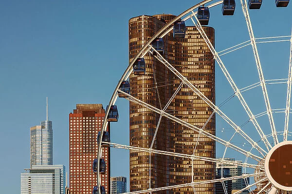 Illinois, Chicago, Navy Pier, Ferris Wheel Closeup and Buildings in Background