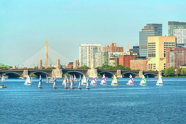 Massachusetts, Boston, sailboat on the Charles River, Leonard P. Zakim Bunker Hill Memorial Bridge in the background