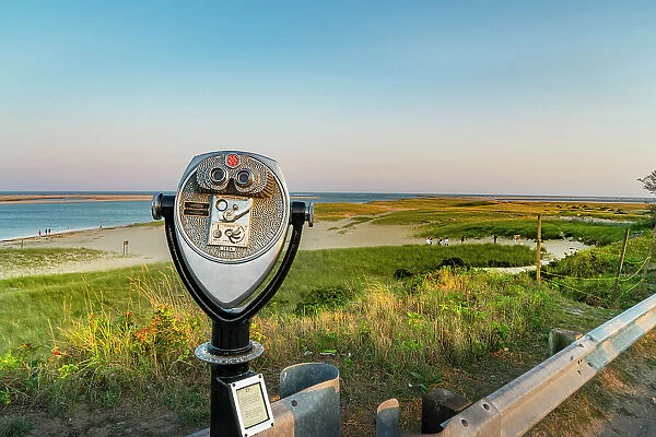 Massachusetts, Cape Cod, Chatham, binoculars with beach in background