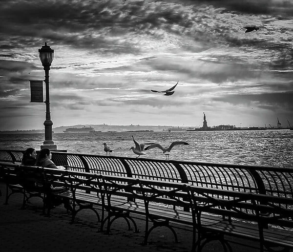 New York City, Hudson River with view of Statue of Liberty from Battery Park City
